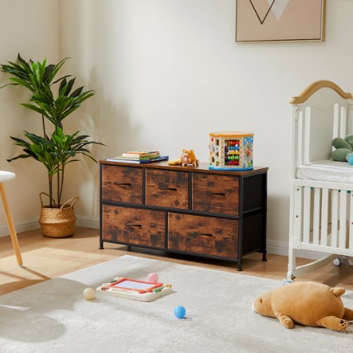 Bestier - 5 Drawer 11.8 in. Fabric Storage Tower Dresser Wooden Top Without mirror for Kid Room, Closet, Entryway, Nursery - Brown