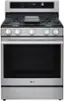 LG oven with a black stove top and a silver oven door. The oven is empty and ready to cook.