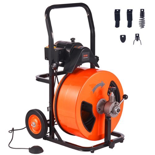 VEVOR - Drain Cleaning Machine 100FT x 3/4 Inch, Sewer Snake Machine Auto Feed, with 4 Cutter & Air-Activated Foot Switch - Orange-Front_Standard 