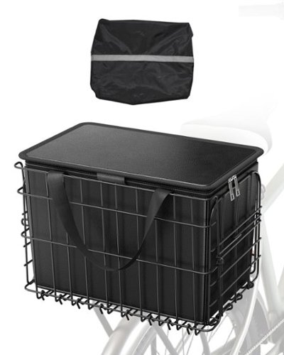 VEVOR - Rear Bike Basket, Folding Wire Bicycle Basket with Cargo Net, Removable Liner Bag & Waterproof Cover - Black-Front_Standard 