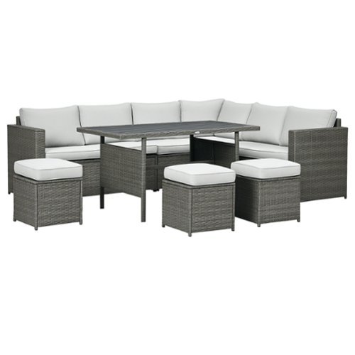 Outsunny - Wicker Outdoor Patio Furniture Set, L-Shaped 7 Piece Outdoor Dining Sectional Sofa with Dining Table and Chair - Gray-Front_Standard 
