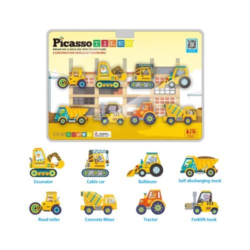 PicassoTiles - PICASSO-TILES Construction Truck Vehicle for Magnetic Tiles, STEM Building Blocks Educational Toy, 8PCS - Multicolor-Front_Standard 