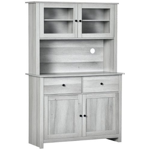 Homcom - 63.5" Kitchen Buffet, Pantry Storage Cabinet with 4 Shelves, Drawers, Framed Glass Doors, Open Microwave Countertop - Ash Grey-Front_Standard 
