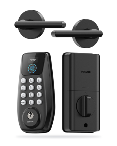 DESLOC - C110 Smart Door Lock with Visible Display and Fingerprint, Smart Keypad Deadbolt with Lever for Front Door - Black-Front_Standard 