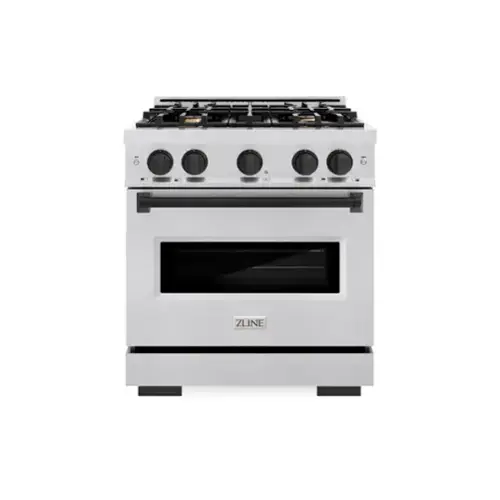 Front. ZLINE - ZLINE Autograph 30 in. Classic Satin Steel Gas Range w/ 4 Burners & Black Accents (CGRSZ-30-MB) - Stainless Steel.