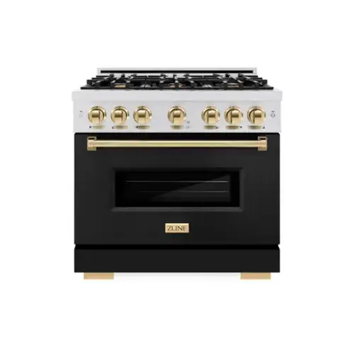 Front. ZLINE - ZLINE Autograph 36 in. Classic Satin Steel Gas Range with Gold Accents (CGRSZ-BLM-36-G) - White.