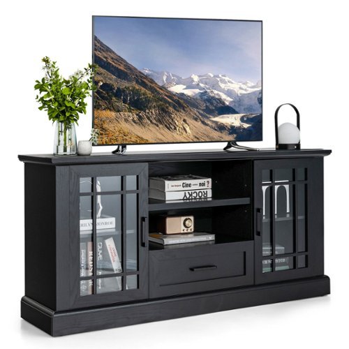 Ecooso - 70 Inch TV Stand with Glass Doors, Cubbies and Drawer Storage - Black-Front_Standard 