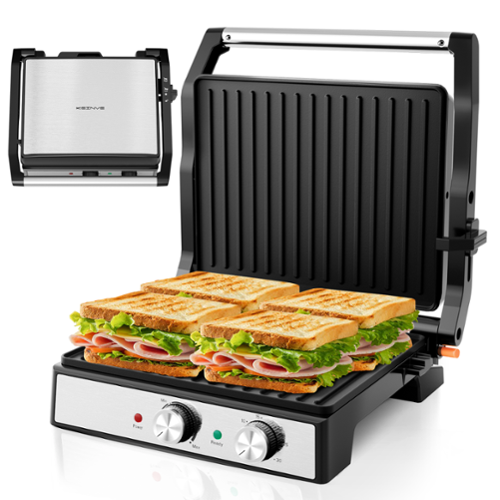 KEINVE - 1600W Panini Press Grill & 4-Slice Sandwich Maker with Adjustable Temp, Timer & Non-Stick Plates for Indoor/Outdoor Use - Black-Front_Standard 