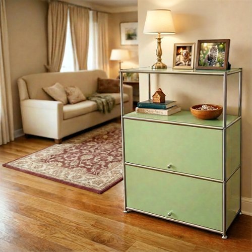 Malletson - 3 Tier Modular Metal Sideboard Storage Cabinet, Modern Grid-Style, for Dining Room, Living Room or Office - Green-Front_Standard 