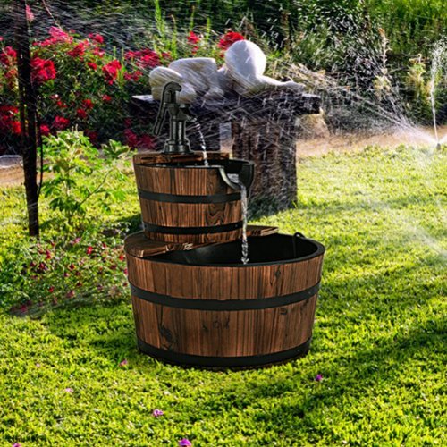 Costway 2 Tier Barrel Waterfall Fountain Barrel Wooden Water Fountain Pump Outdoor Garde - Brown SHOP ONLINE