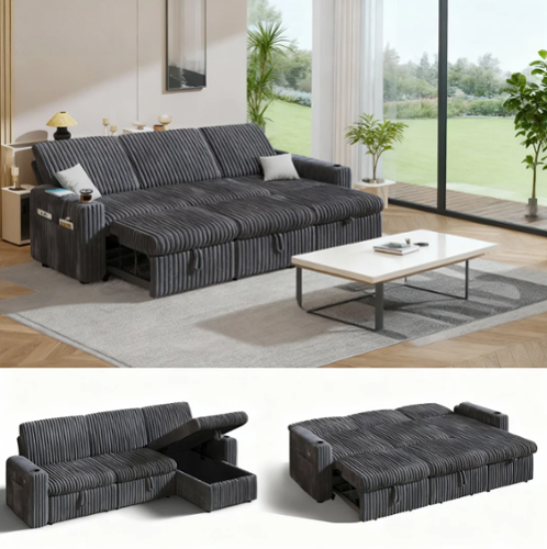 Dyonery - 101" Sectional Sleeper Sofa Bed with Pull Out Bed, L Shaped Couch Sleeper Sofa with Reclining Backrest - Gray-Front_Standard 