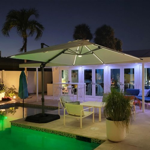 PURPLE LEAF - 10 ft. Square Aluminum Cantilever Solar Powered LED Offset 360° Rotation Umbrella with Base for Garden Deck Pool - Beige-Front_Standard 