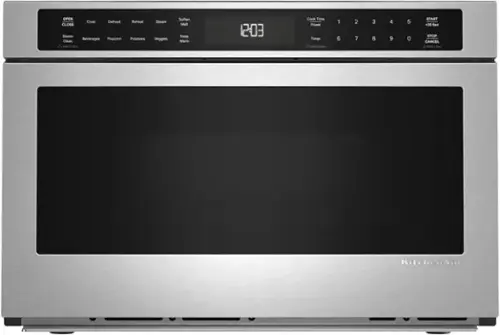 OPEN Cook Defrost Reheat Steam Clean  
Beverages Popcorn Potatoes Veggies  
Soften Malt Keep Warm  
12:03  
Cook Time Power Timer:  
1 2 3 4 5  
6 7 8 9 0  
START +30 Sec STOP CANCEL  
KitchenAid