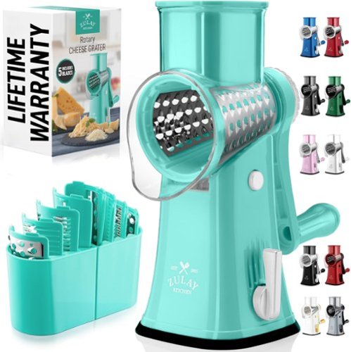 Zulay Kitchen - Rotary Cheese Grater 5 Blade Cheese Shredder with Reinforced Suction & 5 Interchangeable Drums - Teal-Front_Standard 