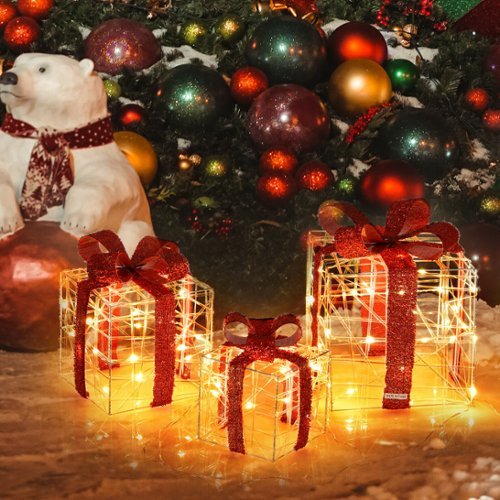 Costway 3 PCS Christmas Gift Boxes Indoor Outdoor W/ 60 LED Lights, Waterproof Plug - Gold