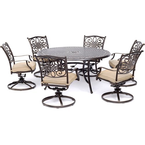 Hanover - Traditions 7-Piece Dining Set with a 60 In. Round Cast-top Table and Six Swivel Rockers - Alumicast/Tan-Front_Standard 