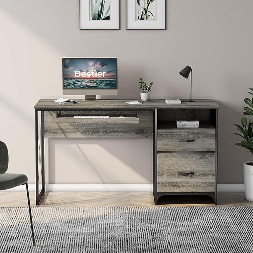 Bestier - 55 Inch Computer Desk with File Cabinet & Keyboard Tray, Study&Executive Workstation - Retro Gray Oak Dark-Front_Standard 