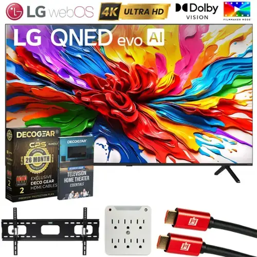 - LG webOS 4K ULTRA HD LG QNED evo AI
- Dolby VISION FILMMAKER MODE
- DECOGEAR CPS BUNDLE PREMIUM
- 26 MONTH CPS PROTECTION
- DECOGEAR TELEVISION HOME THEATER ESSENTIALS
- EXCLUSIVE HOME THEATER DECOGEAR HDMI CABLES
- 2 PLAN PREMIUM PROTECTION
- 1 1