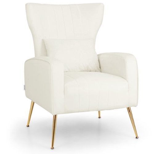 Costway Velvet Upholstered Wingback Chair with Lumbar Pillow and Golden Metal Legs - White