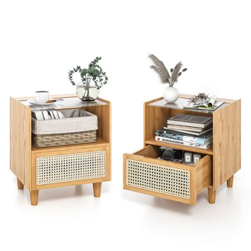 Costway - 2PCS Bamboo Rattan Nightstand Boho Bedside End Table with  Drawer Wood Legs - Natural