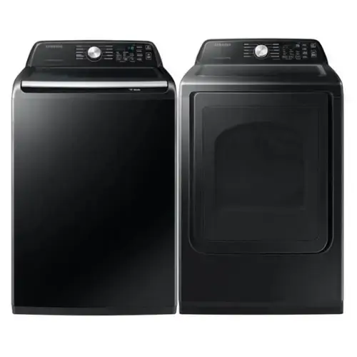 Front. Samsung - Samsung Smart 4.7 Cu Ft Top Load Washer & 7.4 Cu Ft Electric Dryer, Sensor Stops Overdrying, Low Vibration Quiet Wash, W - Black.
