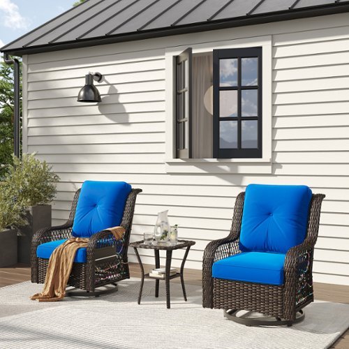 Bestier Outdoor 3-Piece LED Swivel Wicker Bistro Set with 2 Cushioned Rattan Glider Rocking Chairs and Side Table - Blue