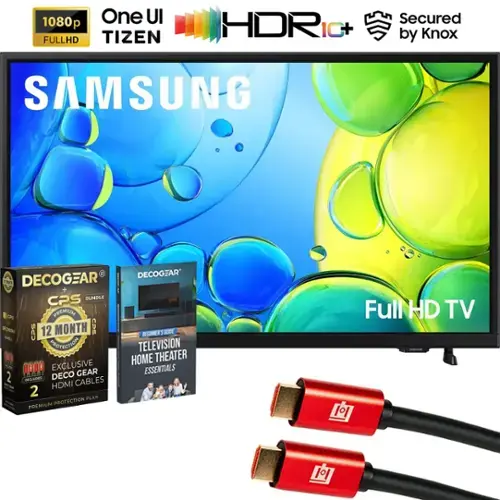 Sure, here is the corrected and grouped text from the image:

---

**1080p FULL HD**

**One UI TIZEN**

**HDR10+**

**Secured by Knox**

**SAMSUNG**

**Full HD TV**

**DECOGEAR CPS BUNDLE**

**CPS PREMIUM R**

**12 MONTH**

**CPS BEGINNER'S GUIDE**

**TELEVISION HOME THEATER ESSENTIALS**

**EXCLUSIVE DECO GEAR CABLES**

**INCLUDES 2 HDMI CABLES**

**PREMIUM PROTECTION PLAN**

**2**

---

This text is organized to reflect the information and branding visible in the image.