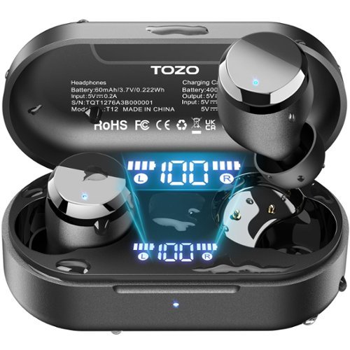 TOZO - T12 Bluetooth Wireless Earbuds, 55H Play, Stereo Bass, IPX8, Wireless Charging, App-32EQ, ENC Mic, LED Display - Black-Front_Standard 