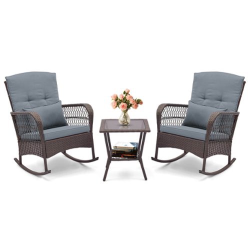 Costway - 3 PCS Patio Rocker Set Outdoor Wicker Rocking Chairs with Double-Layer Coffee Table - Gray-Front_Standard 
