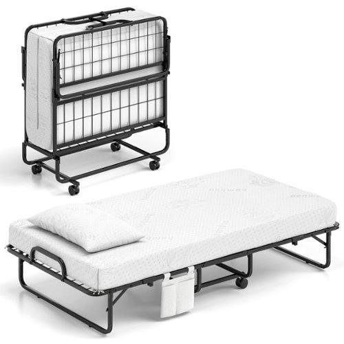 Gymax - 75'' x 38'' Twin Size Folding Bed Rollaway Guest Bed w/ 5 inch Mattress & Pillow - White, Black-Front_Standard 
