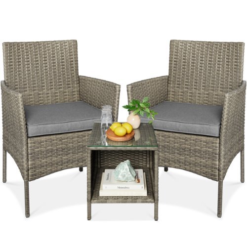 Best Choice Products - 3-Piece Outdoor Wicker Conversation Patio Bistro Set, w/ 2 Chairs, Table - Taupe/Cement Gray-Front_Standard 