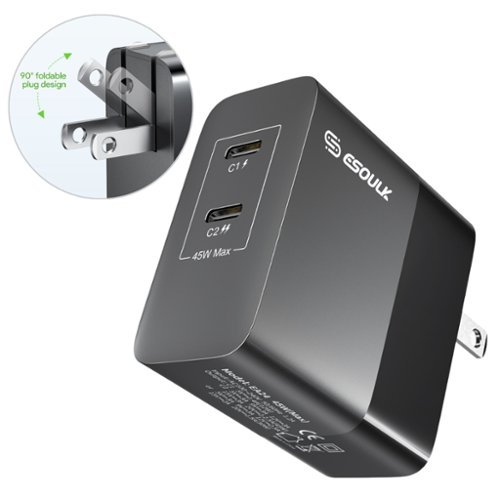 Esoulk - Premium 45W Dual PD USB-C Fast Charging Wall Adapter Charger for iPhone 17 Pro Max, Macbook Laptops - Black-Front_Standard 
