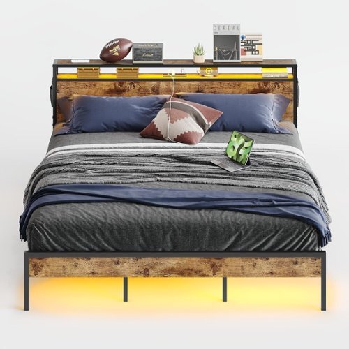 Bestier Bed Frame Platform Bed with Storage Headboard LED Lights and Charging Station Queen - Brown