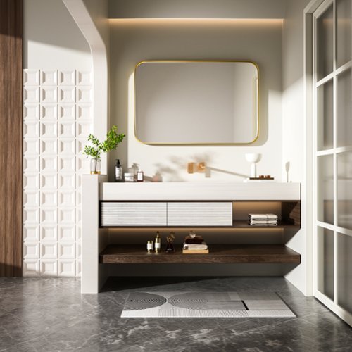 LOVMOR Tempered Glass Rounded Rectangle Framed Wall-Mounted Bathroom Vanity Mirror - 24 x 36 - Gold HOW TO BUY