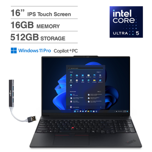 Lenovo - ThinkPad E16 Laptop 16'' Touchscreen (Intel Ultra 5-225U, 16GB DDR5, 512GB SSD, Win 11 Pro) w/DKZ USB Hub - Black-Front_Standard 