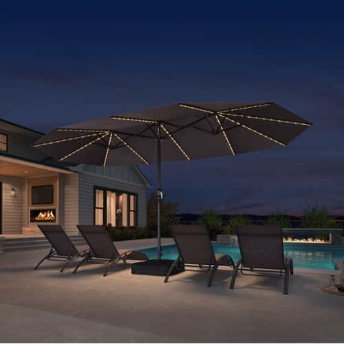 PURPLE LEAF - 15 ft. Patio Market Umbrella with Solar LED and Base Double-Sided Outdoor Table Sun Umbrellas for Pool Deck Backyard - Gray-Front_Standard 