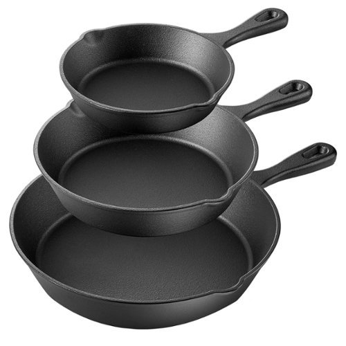 Mega Chef - MegaChef Pre-Seasoned 3 Piece Cast Iron Skillet Set - Black-Front_Standard 