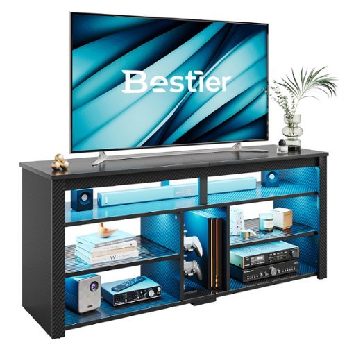 Bestier - 55-inch Tall LED TV Stand for 55-65 Inch TVs, 4-Tier Storage & Adjustable Acrylic Shelves - Black Carbon Fiber-Front_Standard 