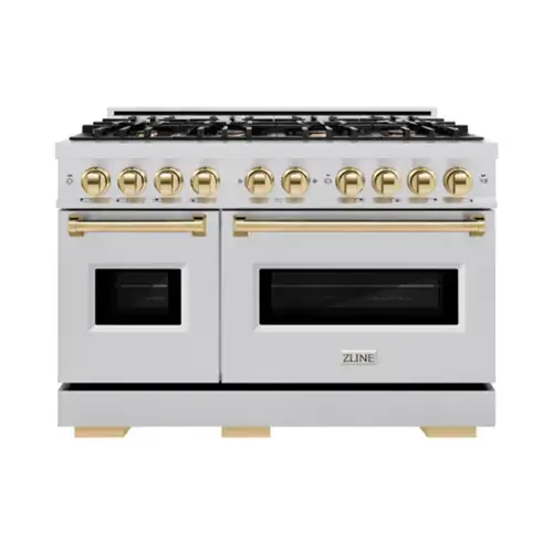 Front. ZLINE - ZLINE Autograph 48" Classic Double Oven Dual Fuel Range w/ Polished Gold Accents (CDRZ-48-G) - Stainless Steel.