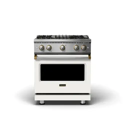 Front. Viking - 5-Series 30" 6.1 cu ft Freestanding All Gas Sealed Burner Range - LP - Pure White + Brass - Pure White with Brushed Brass Accents.