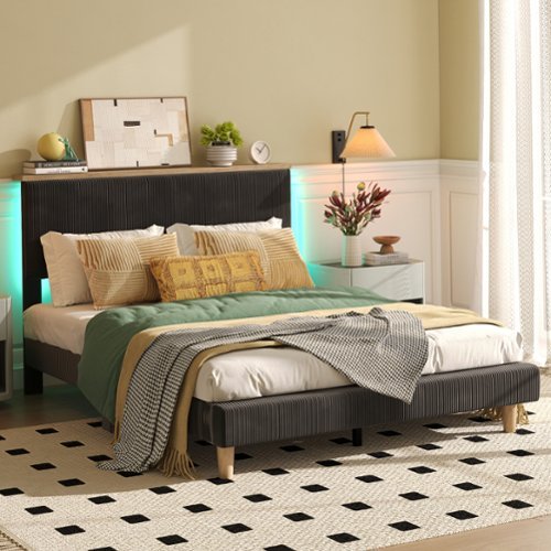 Bestier Upholstered Platform Bed Frame Bed with LED Light & Adjustable Storage Headboard for Bedroom  -Twin Size - Black