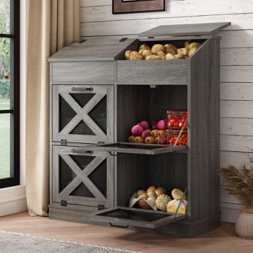 Espafurni - Spacious Wood Bread Box & Veggie Bin - 6 Large Storage Boxes, 4 Mesh Doors - Ideal for Potatoes, Onions & More in Kitche - Gray-Front_Standard 