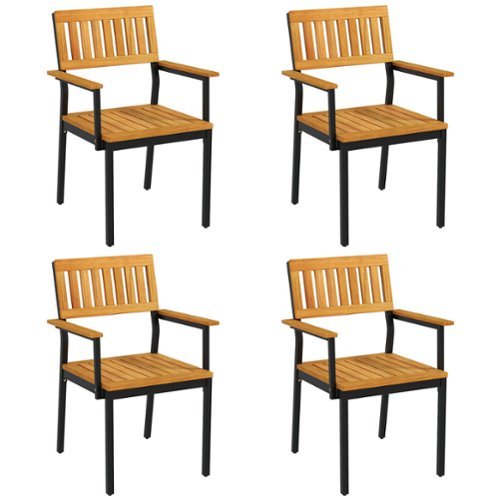 Costway Dining Chair Set of 4 with Acacia Wood Backrest Slanted Seat Comfortable Armrests - Natural + Black