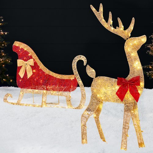 Best Choice Products - 4ft Lighted 2D Christmas Reindeer & Sleigh Set Outdoor Decor w/ 140 Warm White LED Lights - Gold-Front_Standard 