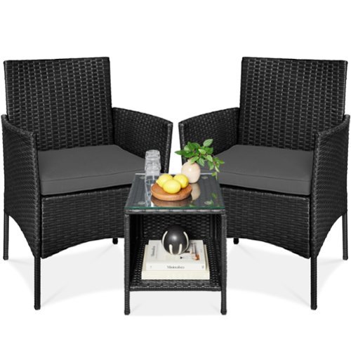 Best Choice Products - 3-Piece Outdoor Wicker Conversation Patio Bistro Set, w/ 2 Chairs, Table - Black/Gray-Front_Standard 