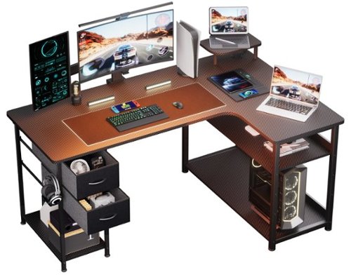 GTPlayer - 51.18 IN L Shaped Gaming Desk with Drawers Carbon Fiber Style Computer Desk - Black-Front_Standard 