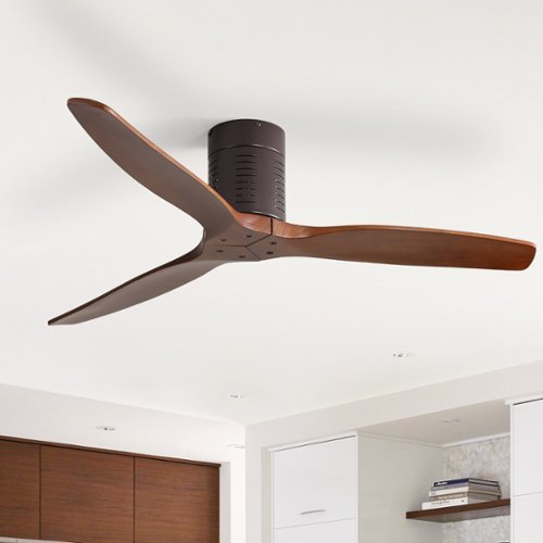 Sofucor - 52 Inch Flush Mount Ceiling Fan with Remote Solid Wood Blade Outdoor Indoor Modern Fan No Light for Bedroom Farmhouse - Coffee - 1 Pack-Front_Standard 