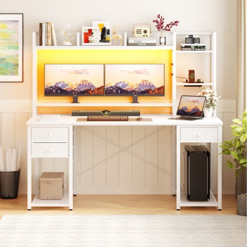 Aheaplus - Computer Desk with Hutch, Gaming Desk with Drawers, LED Lights, Outlets, and Monitor Stand - White-Front_Standard 