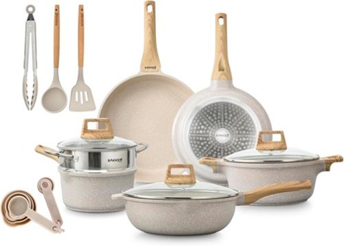 Bakken- Swiss - Bakken-Swiss 14-Piece Kitchen Cookware Set – Granite Non-Stick – Eco-Friendly – for All Stoves & Oven-Safe - Cream-Front_Standard 