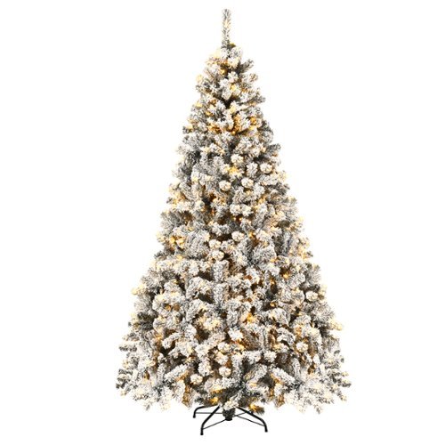 Costway - 7.5 ft Prelit Premium Snow Flocked Hinged Artificial Christmas Tree with 450 Lights - Green /White